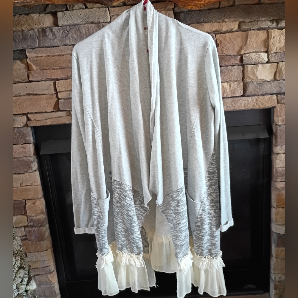 Scrapbook Gray White Cotton Boho Bohemian Open Long Cardigan Sweater - Picture 3 of 16